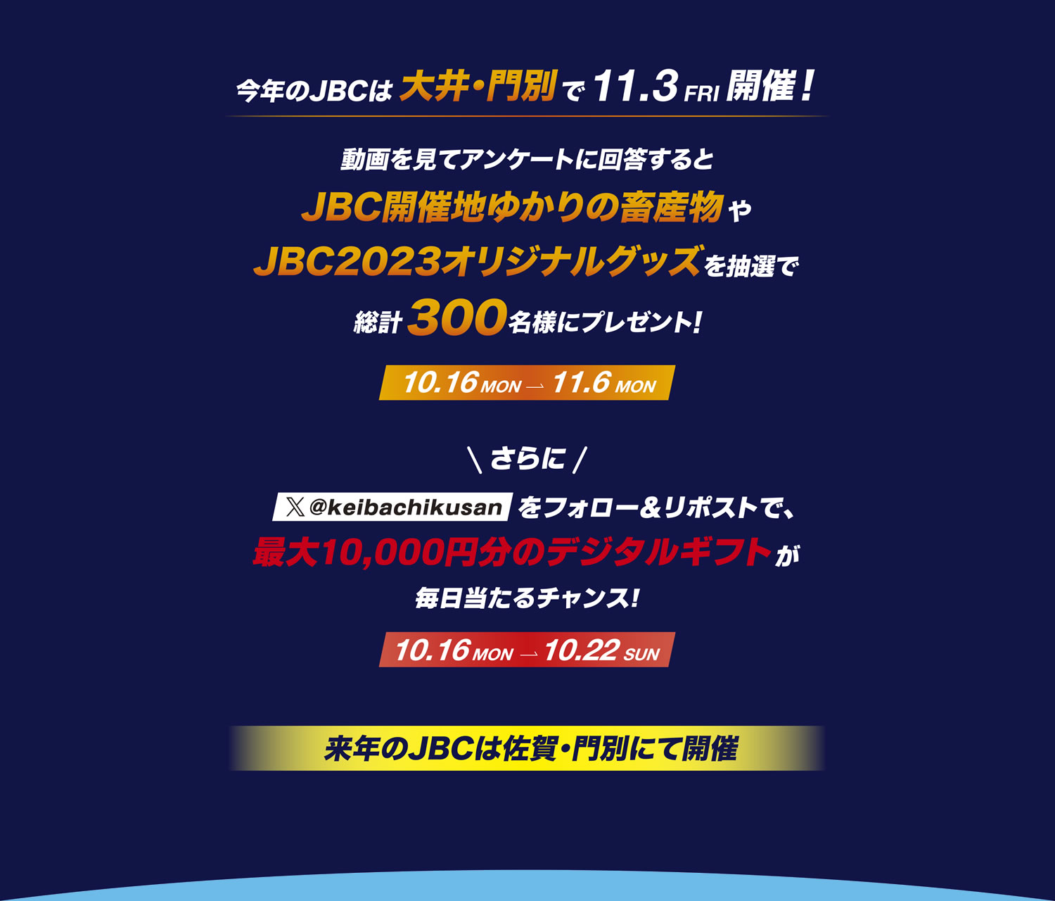 動画を見てアンケートに回答すると抽選で300名様にJBC開催地ゆかりの畜産物やJBCオリジナルグッズをプレゼント！