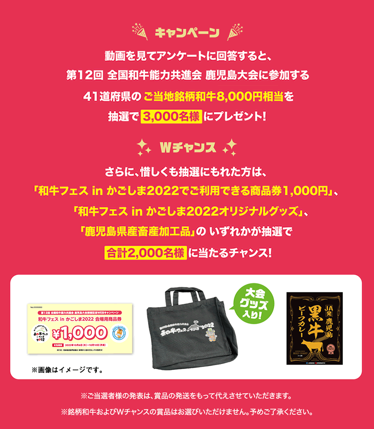 動画を見てアンケートに回答すると銘柄和牛8000円相当を抽選で3,000名様に当たる！